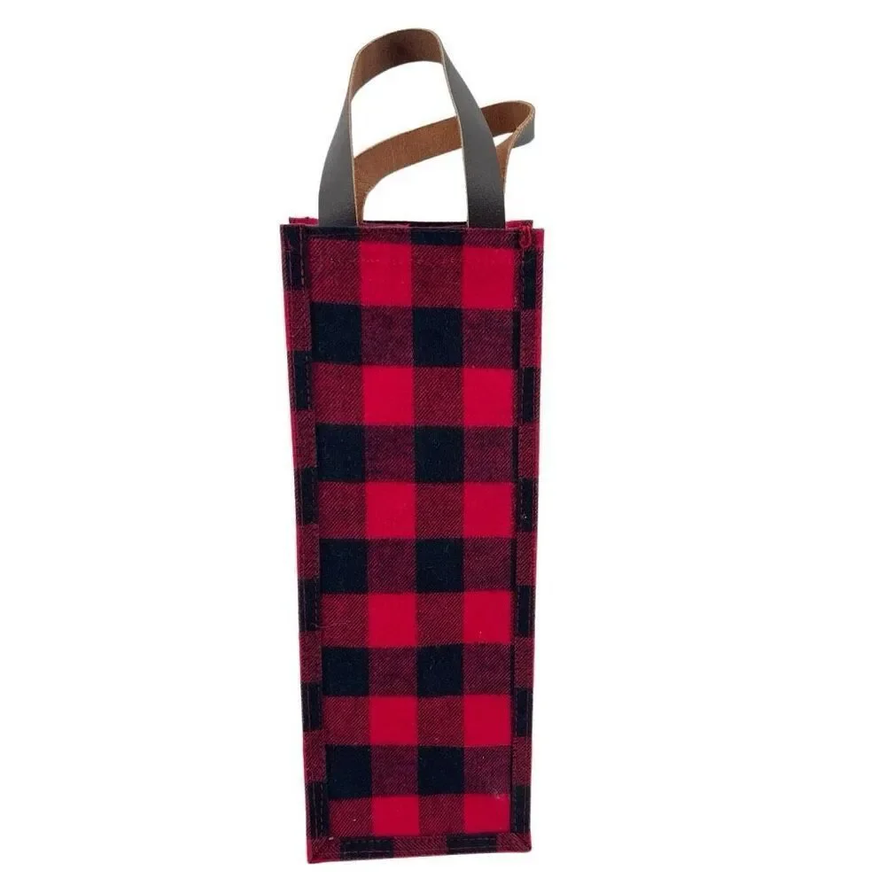 Farmhouse Buffalo Check Flannel Wine Bottle Gift Tote Faux Leather Handle